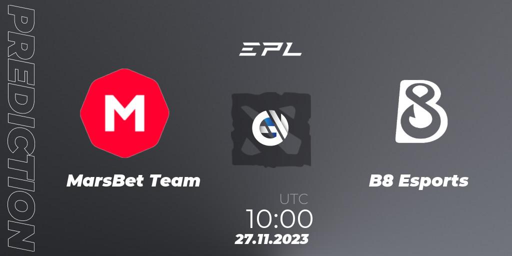 Prognose für das Spiel MarsBet Team VS B8 Esports. 27.11.2023 at 16:01. Dota 2 - European Pro League Season 14