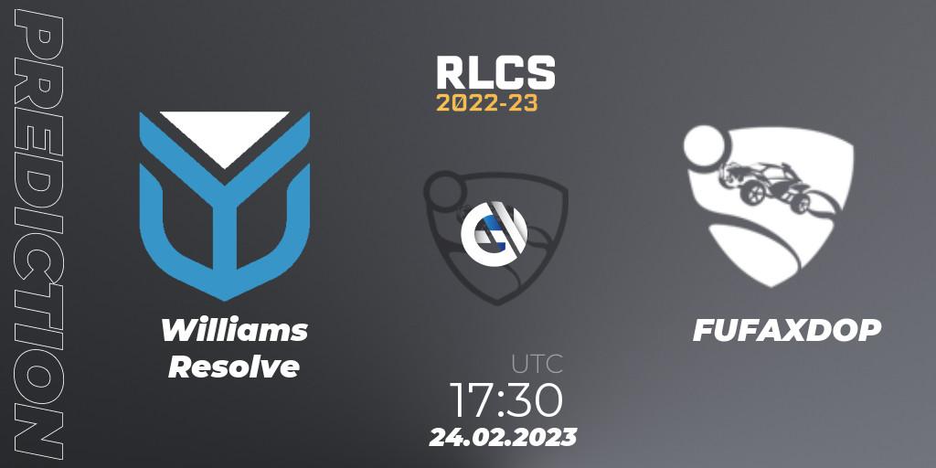 Prognose für das Spiel Williams Resolve VS FUFAXDOP. 24.02.23. Rocket League - RLCS 2022-23 - Winter: Europe Regional 3 - Winter Invitational