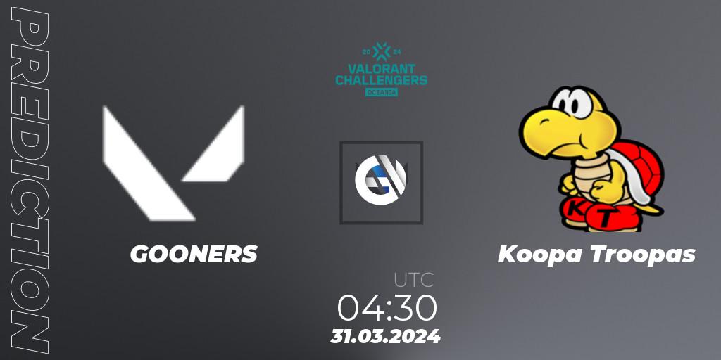 Prognose für das Spiel GOONERS VS Koopa Troopas. 31.03.24. VALORANT - VALORANT Challengers 2024 Oceania: Split 1