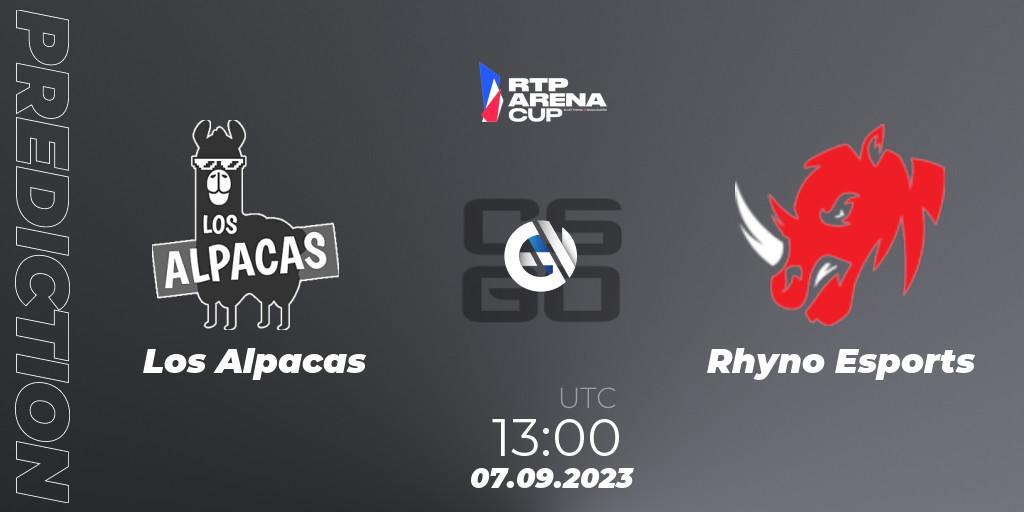 Prognose für das Spiel Los Alpacas VS Rhyno Esports. 07.09.2023 at 13:00. Counter-Strike (CS2) - RTP Arena Cup 2023