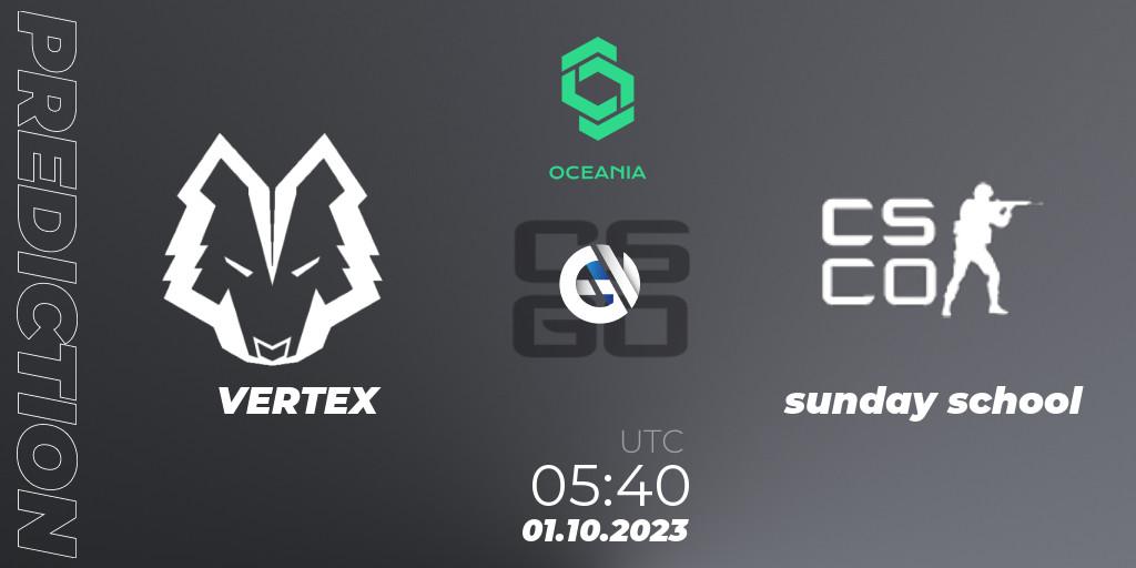 Prognose für das Spiel VERTEX VS sunday school. 01.10.2023 at 05:15. Counter-Strike (CS2) - CCT Oceania Series #2