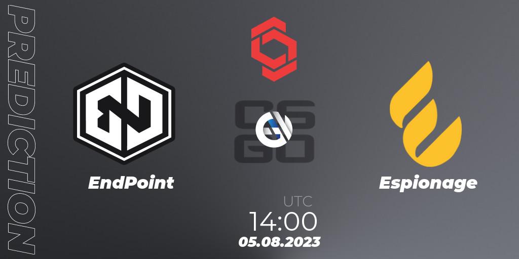 Prognose für das Spiel EndPoint VS Espionage. 05.08.2023 at 14:00. Counter-Strike (CS2) - CCT Central Europe Series #7