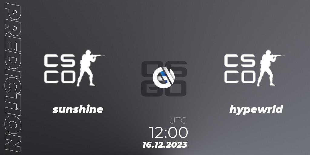 Prognose für das Spiel sunshine! VS hypewrld. 16.12.2023 at 12:40. Counter-Strike (CS2) - kleverr Virsliga Season 1 Finals