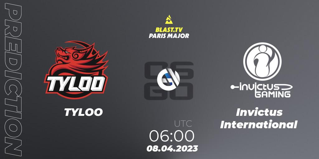Prognose für das Spiel TYLOO VS Invictus International. 08.04.23. CS2 (CS:GO) - BLAST.tv Paris Major 2023 Asia-Pacific RMR