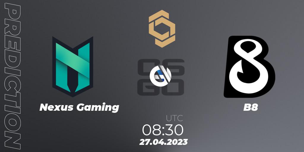 Prognose für das Spiel Nexus Gaming VS B8. 27.04.2023 at 08:30. Counter-Strike (CS2) - CCT South Europe Series #4