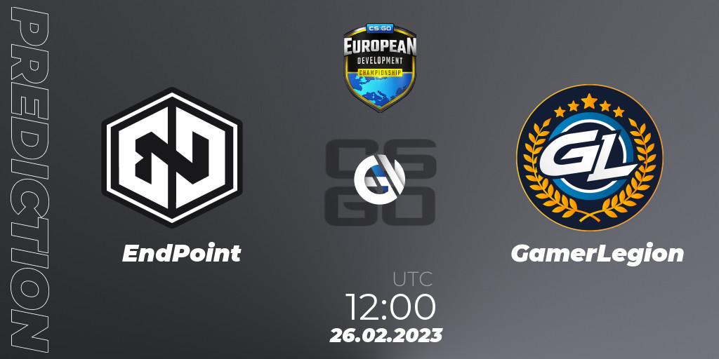 Prognose für das Spiel EndPoint VS GamerLegion. 26.02.2023 at 12:00. Counter-Strike (CS2) - European Development Championship 7