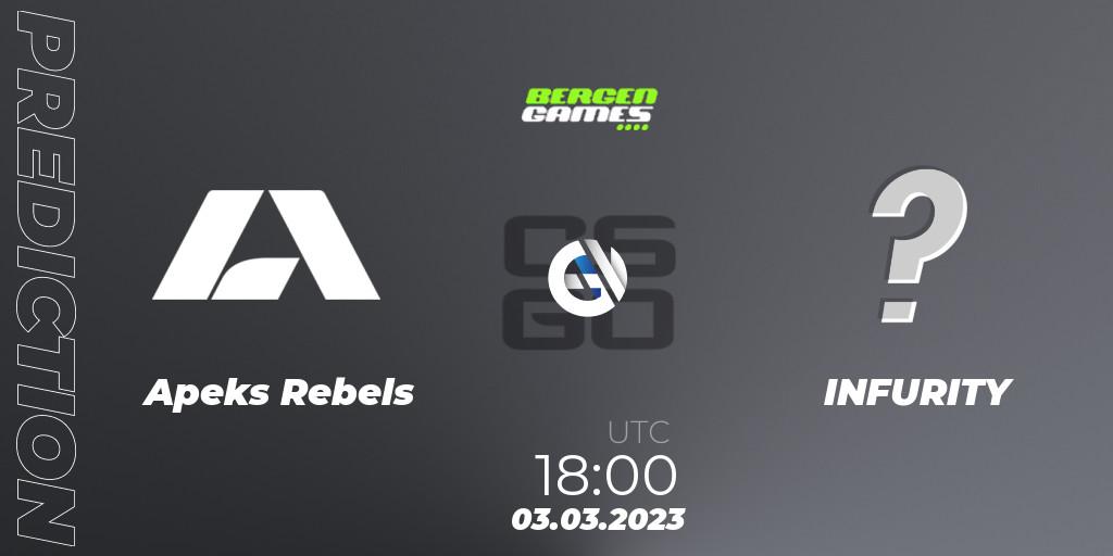 Prognose für das Spiel Apeks Rebels VS INFURITY Gaming. 03.03.2023 at 18:15. Counter-Strike (CS2) - Bergen Games 2023