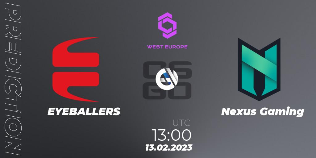 Prognose für das Spiel EYEBALLERS VS Nexus Gaming. 13.02.2023 at 12:30. Counter-Strike (CS2) - CCT West Europe Series #1