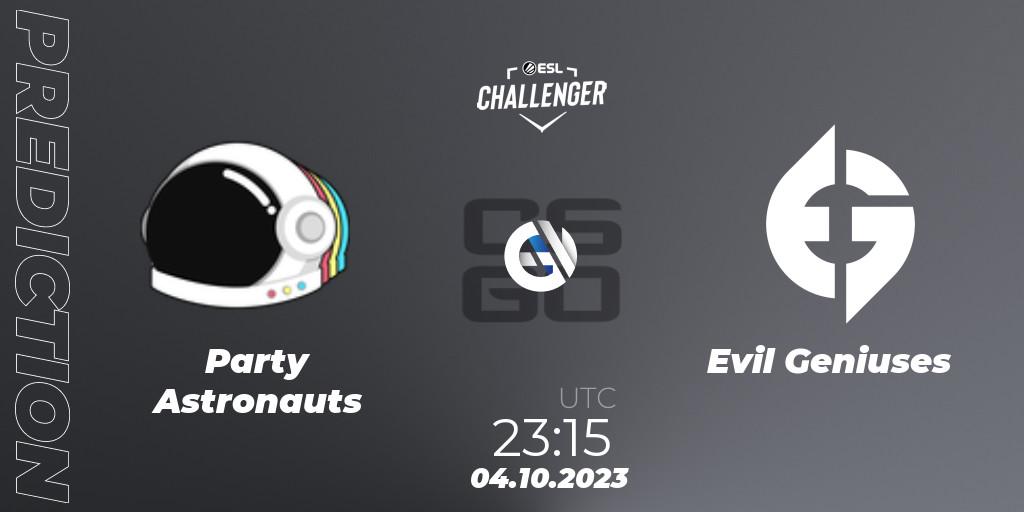 Prognose für das Spiel Party Astronauts VS Evil Geniuses. 04.10.23. CS2 (CS:GO) - ESL Challenger at DreamHack Winter 2023: North American Open Qualifier