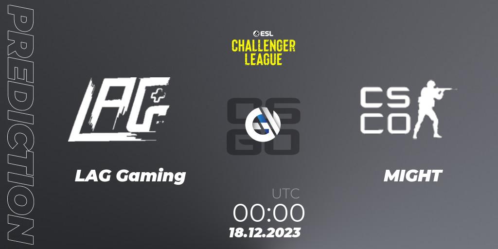 Prognose für das Spiel LAG Gaming VS MIGHT. 18.12.2023 at 00:00. Counter-Strike (CS2) - ESL Challenger League Season 46 Relegation: North America