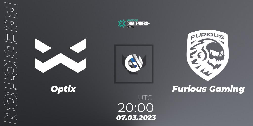 Prognose für das Spiel Optix VS Furious Gaming. 07.03.2023 at 20:00. VALORANT - VALORANT Challengers 2023: LAS Split 1