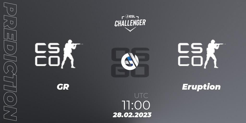 Prognose für das Spiel GR Gaming VS Eruption. 28.02.2023 at 11:00. Counter-Strike (CS2) - ESL Challenger Melbourne 2023 Asia Open Qualifier