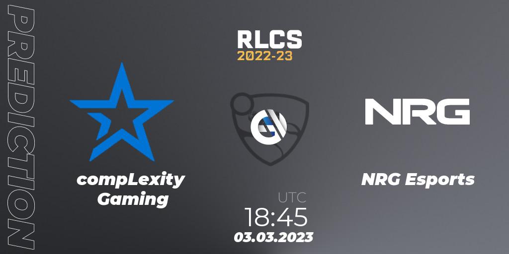 Prognose für das Spiel compLexity Gaming VS NRG Esports. 03.03.23. Rocket League - RLCS 2022-23 - Winter: North America Regional 3 - Winter Invitational