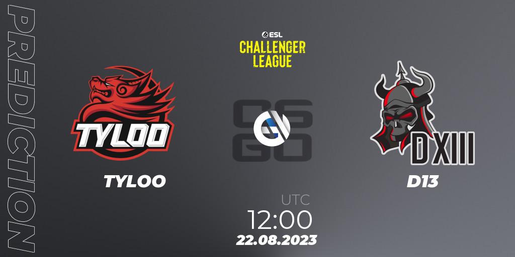 Prognose für das Spiel TYLOO VS D13. 22.08.23. CS2 (CS:GO) - ESL Challenger League Season 46: Asia-Pacific