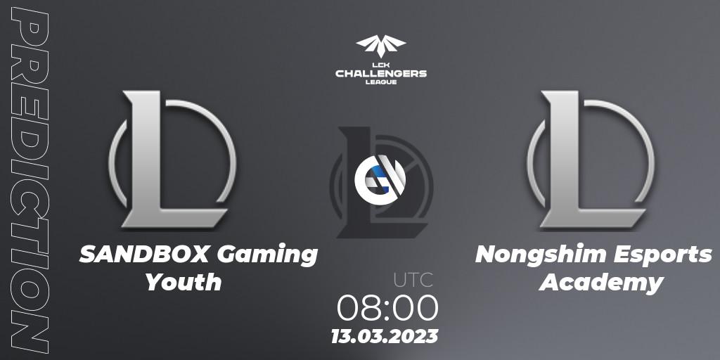 Prognose für das Spiel SANDBOX Gaming Youth VS Nongshim RedForce Academy. 13.03.2023 at 08:20. LoL - LCK Challengers League 2023 Spring