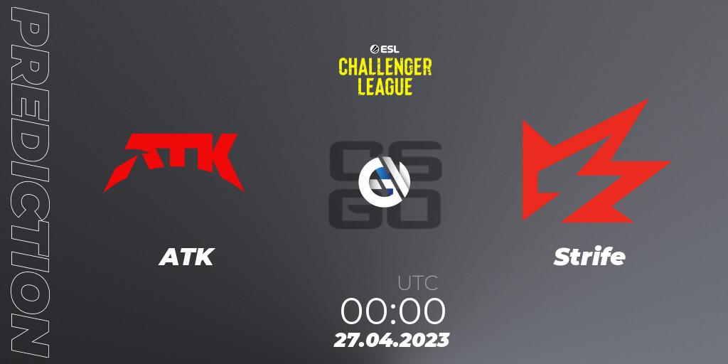 Prognose für das Spiel ATK VS Strife. 27.04.2023 at 00:00. Counter-Strike (CS2) - ESL Challenger League Season 45: North America