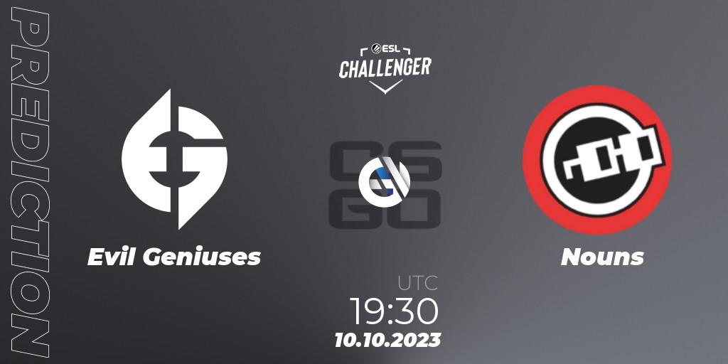 Prognose für das Spiel Evil Geniuses VS Nouns. 10.10.23. CS2 (CS:GO) - ESL Challenger at DreamHack Winter 2023: North American Qualifier