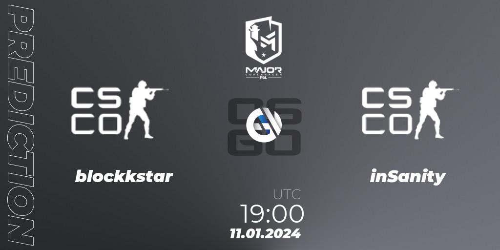 Prognose für das Spiel blockkstar VS inSanity. 11.01.2024 at 19:00. Counter-Strike (CS2) - PGL CS2 Major Copenhagen 2024 South America RMR Open Qualifier 2