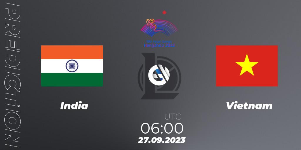 Prognose für das Spiel India VS Vietnam. 27.09.2023 at 06:00. LoL - 2022 Asian Games