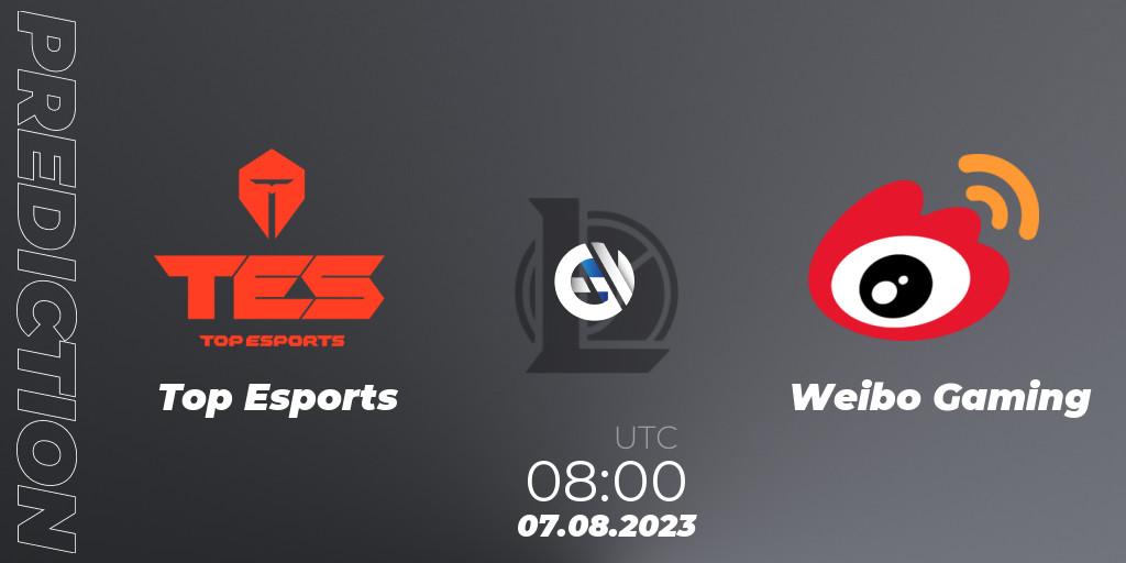 Prognose für das Spiel Top Esports VS Weibo Gaming. 07.08.2023 at 08:00. LoL - LPL Regional Finals 2023