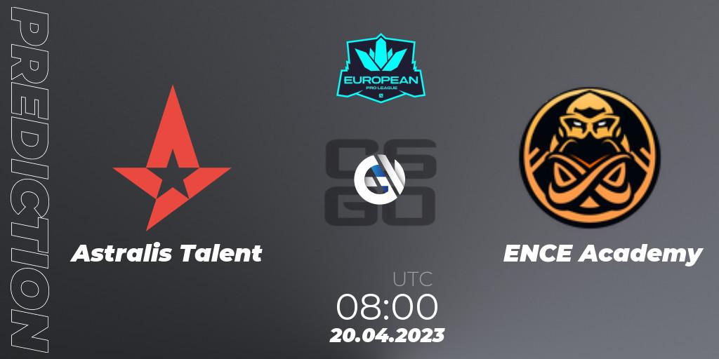 Prognose für das Spiel Astralis Talent VS ENCE Academy. 20.04.2023 at 08:00. Counter-Strike (CS2) - European Pro League Season 7