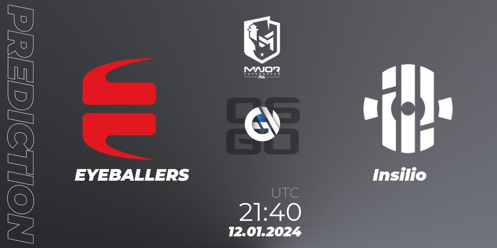 Prognose für das Spiel EYEBALLERS VS Insilio. 12.01.2024 at 21:40. Counter-Strike (CS2) - PGL CS2 Major Copenhagen 2024 Europe RMR Open Qualifier 3