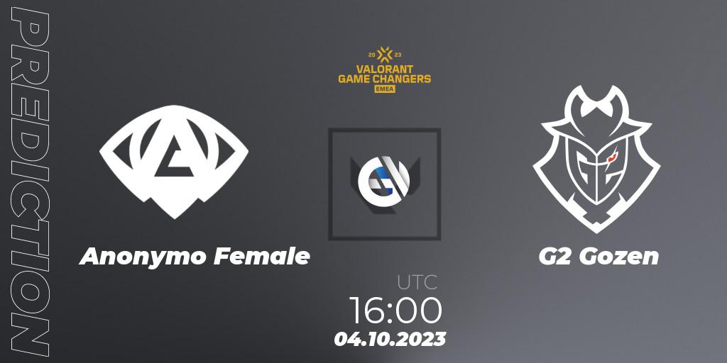 Prognose für das Spiel Anonymo Female VS G2 Gozen. 04.10.2023 at 16:00. VALORANT - VCT 2023: Game Changers EMEA Stage 3 - Playoffs