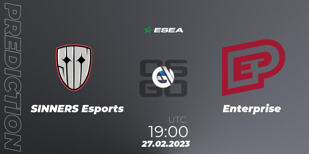 Prognose für das Spiel SINNERS Esports VS Enterprise. 03.03.2023 at 14:00. Counter-Strike (CS2) - ESEA Season 44: Advanced Division - Europe