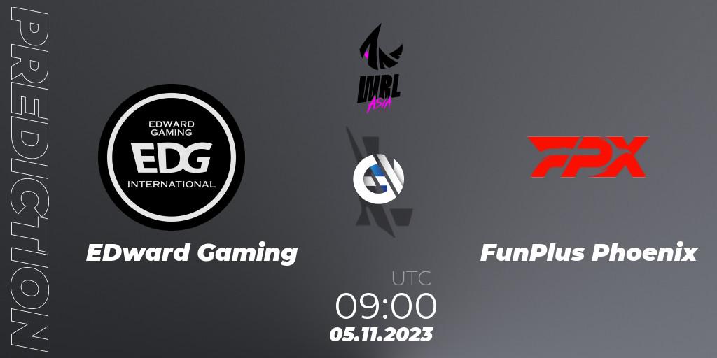 Prognose für das Spiel EDward Gaming VS FunPlus Phoenix. 05.11.2023 at 09:00. Wild Rift - WRL Asia 2023 - Season 2 - Regular Season