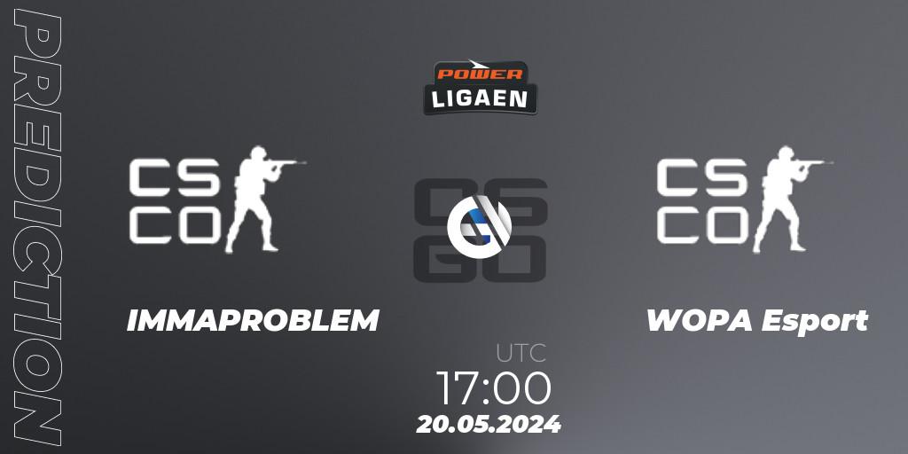 Prognose für das Spiel IMMAPROBLEM VS WOPA Esport. 20.05.2024 at 17:00. Counter-Strike (CS2) - Dust2.dk Ligaen Season 26
