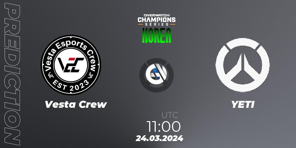 Prognose für das Spiel Vesta Crew VS YETI. 24.03.2024 at 11:00. Overwatch - Overwatch Champions Series 2024 - Stage 1 Korea