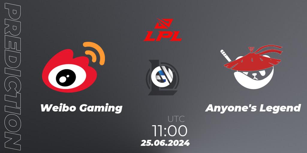 Prognose für das Spiel Weibo Gaming VS Anyone's Legend. 25.06.2024 at 11:00. LoL - LPL 2024 Summer - Group Stage