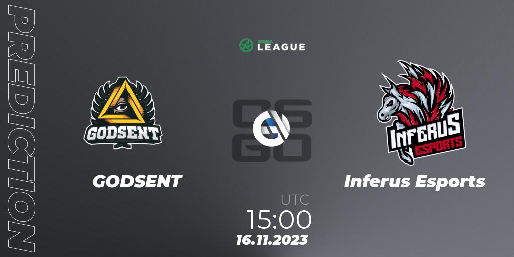 Prognose für das Spiel GODSENT VS Inferus Esports. 16.11.2023 at 15:00. Counter-Strike (CS2) - ESEA Season 47: Advanced Division - Europe