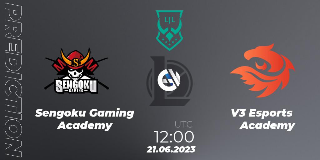 Prognose für das Spiel Sengoku Gaming Academy VS V3 Esports Academy. 21.06.2023 at 12:00. LoL - LJL Academy 2023 - Group Stage