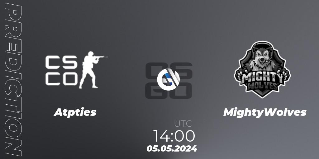 Prognose für das Spiel Atpūties VS MightyWolves. 05.05.2024 at 14:00. Counter-Strike (CS2) - kleverr Virslīga Season 2