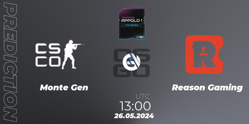 Prognose für das Spiel Monte Gen VS Reason Gaming. 26.05.2024 at 13:00. Counter-Strike (CS2) - Appolo1 Series: Phase 2