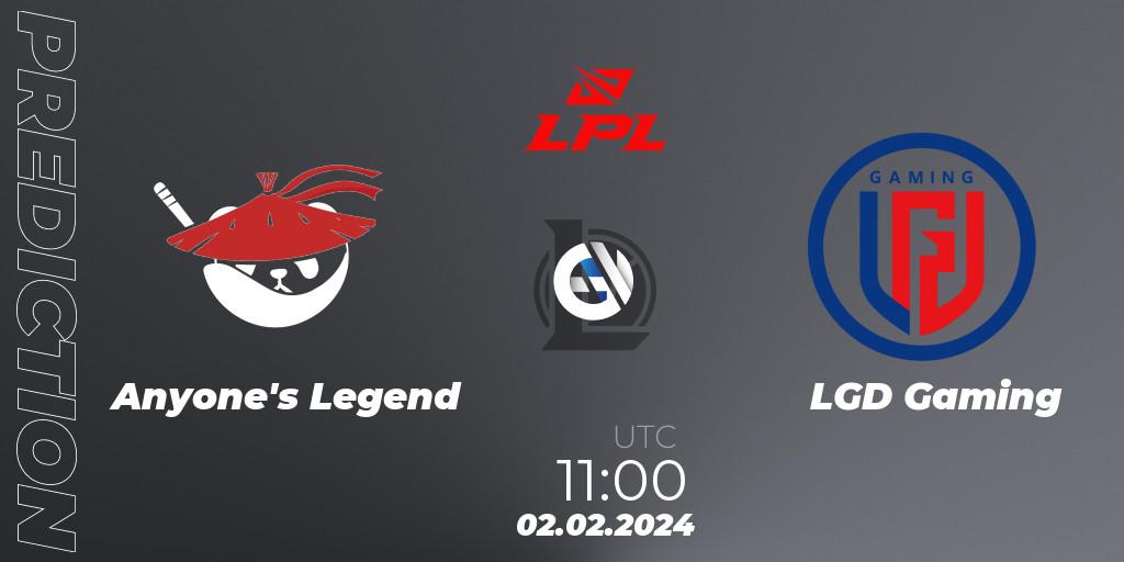 Prognose für das Spiel Anyone's Legend VS LGD Gaming. 02.02.24. LoL - LPL Spring 2024 - Group Stage
