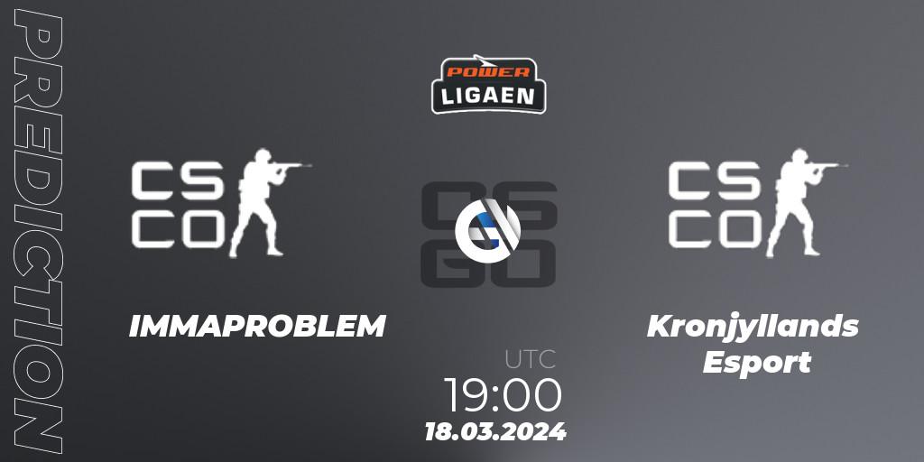 Prognose für das Spiel IMMAPROBLEM VS Kronjyllands Esport. 18.03.2024 at 19:00. Counter-Strike (CS2) - Dust2.dk Ligaen Season 25: Relegation