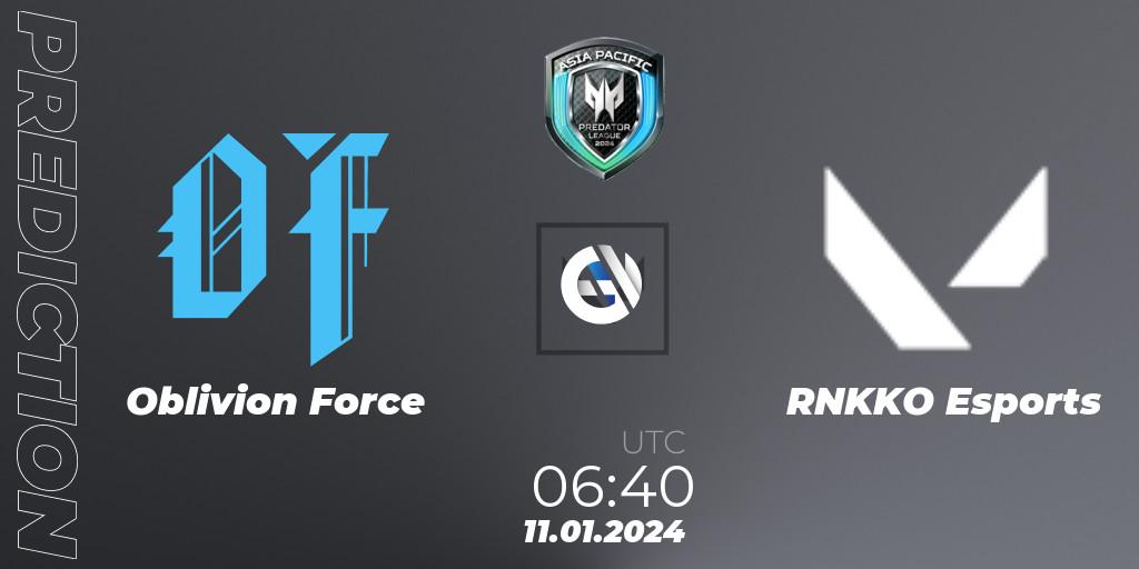 Prognose für das Spiel Oblivion Force VS RNKKO Esports. 11.01.2024 at 06:40. VALORANT - Asia Pacific Predator League 2024
