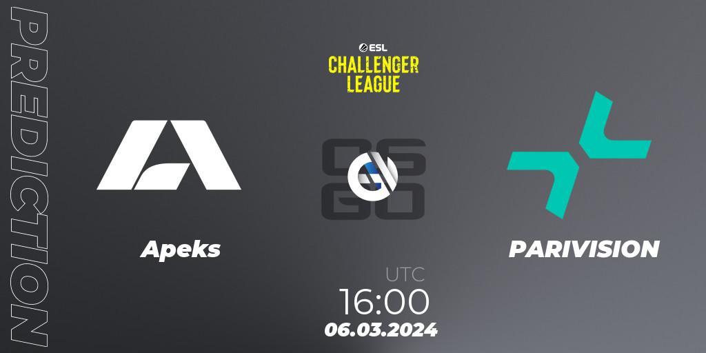 Prognose für das Spiel Apeks VS PARIVISION. 06.03.24. CS2 (CS:GO) - ESL Challenger League Season 47: Europe