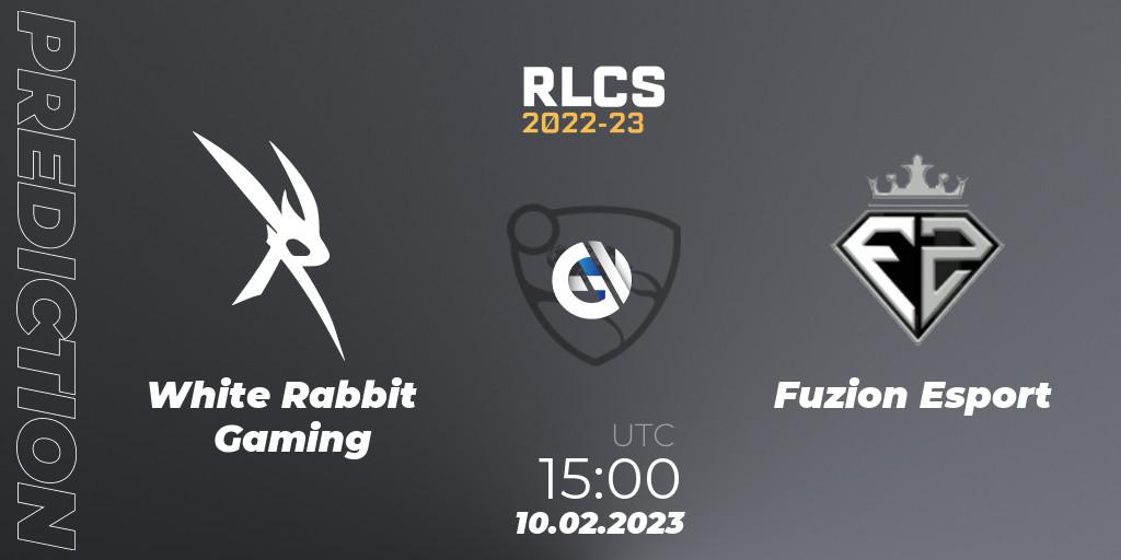 Prognose für das Spiel White Rabbit Gaming VS Fuzion Esport. 10.02.2023 at 15:00. Rocket League - RLCS 2022-23 - Winter: Sub-Saharan Africa Regional 2 - Winter Cup