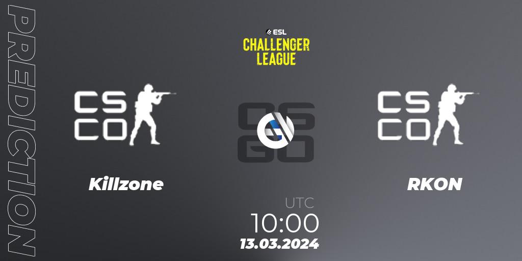 Prognose für das Spiel Killzone VS RKON. 13.03.2024 at 10:00. Counter-Strike (CS2) - ESL Challenger League Season 47: Oceania