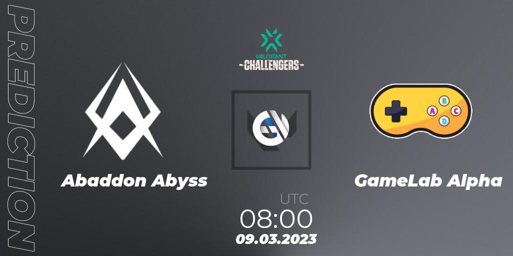 Prognose für das Spiel Abaddon Abyss VS GameLab Alpha. 09.03.23. VALORANT - VALORANT Challengers 2023: Philippines Split 1