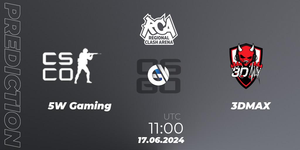 Prognose für das Spiel 5W Gaming VS 3DMAX. 17.06.2024 at 11:00. Counter-Strike (CS2) - Regional Clash Arena Europe