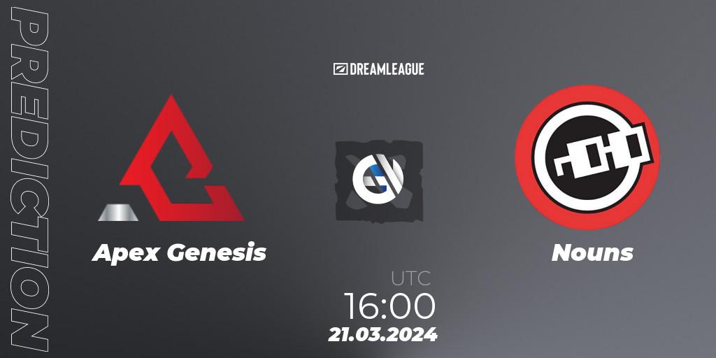 Prognose für das Spiel Apex Genesis VS Nouns. 21.03.24. Dota 2 - DreamLeague Season 23: North America Closed Qualifier