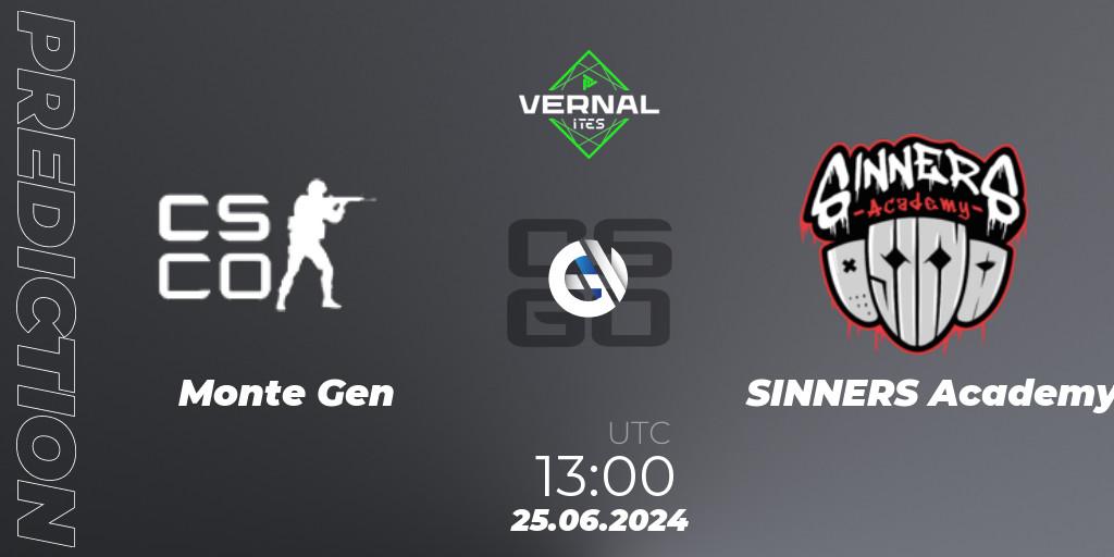 Prognose für das Spiel Monte Gen VS SINNERS Academy. 25.06.2024 at 13:00. Counter-Strike (CS2) - ITES Vernal