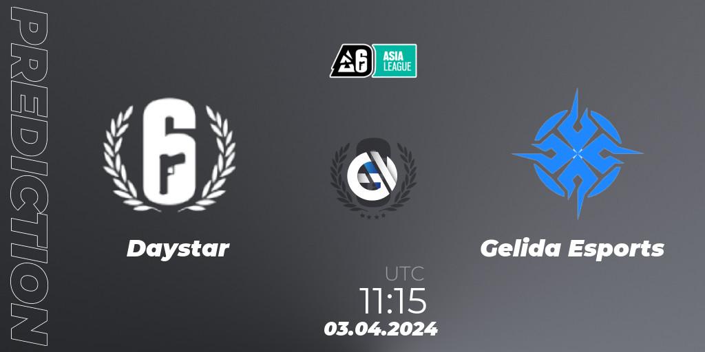 Prognose für das Spiel Daystar VS Gelida Esports. 03.04.2024 at 11:15. Rainbow Six - Asia League 2024 - Stage 1