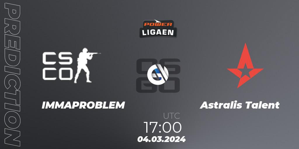 Prognose für das Spiel IMMAPROBLEM VS Astralis Talent. 06.03.2024 at 17:00. Counter-Strike (CS2) - Dust2.dk Ligaen Season 25