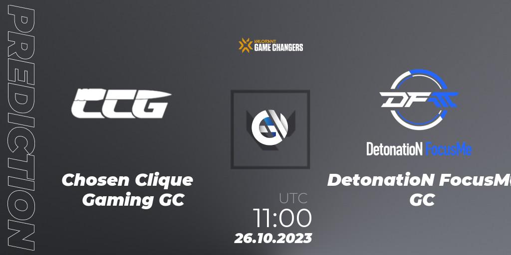 Prognose für das Spiel Chosen Clique Gaming GC VS DetonatioN FocusMe GC. 26.10.2023 at 11:00. VALORANT - VCT 2023: Game Changers East Asia