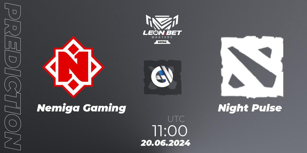 Prognose für das Spiel Nemiga Gaming VS Night Pulse. 20.06.2024 at 11:00. Dota 2 - Leon Masters #1